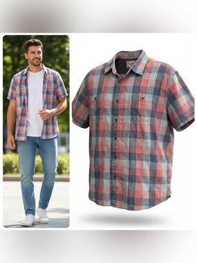 Flag & Anthem Men's XXL Patriotic Red White Blue Plaid Button Up Shirt 4th July